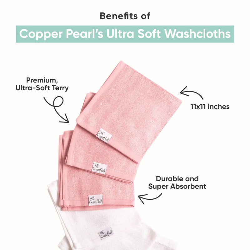 Copper Pearl منشفة استحمام للأطفال من كوبر بيرل 6 قطع فائقة النعومة كبيرة الحجم (وردي/أبيض) 11" × 11" - Image 2
